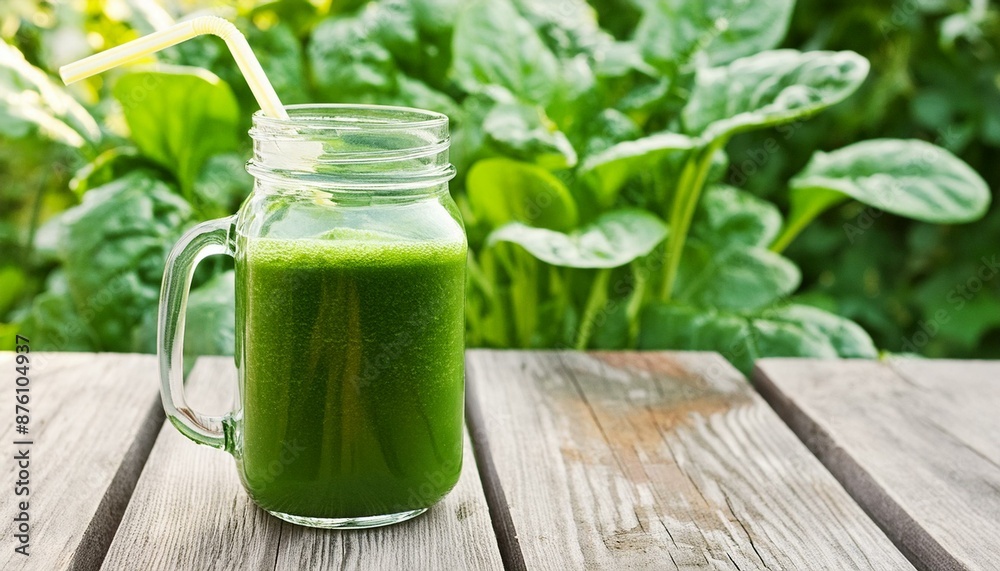 freshly squeezed spinach juice on the background of the garden. Selective focus freshly squeezed spinach juice on the background of the garden. Selective focus