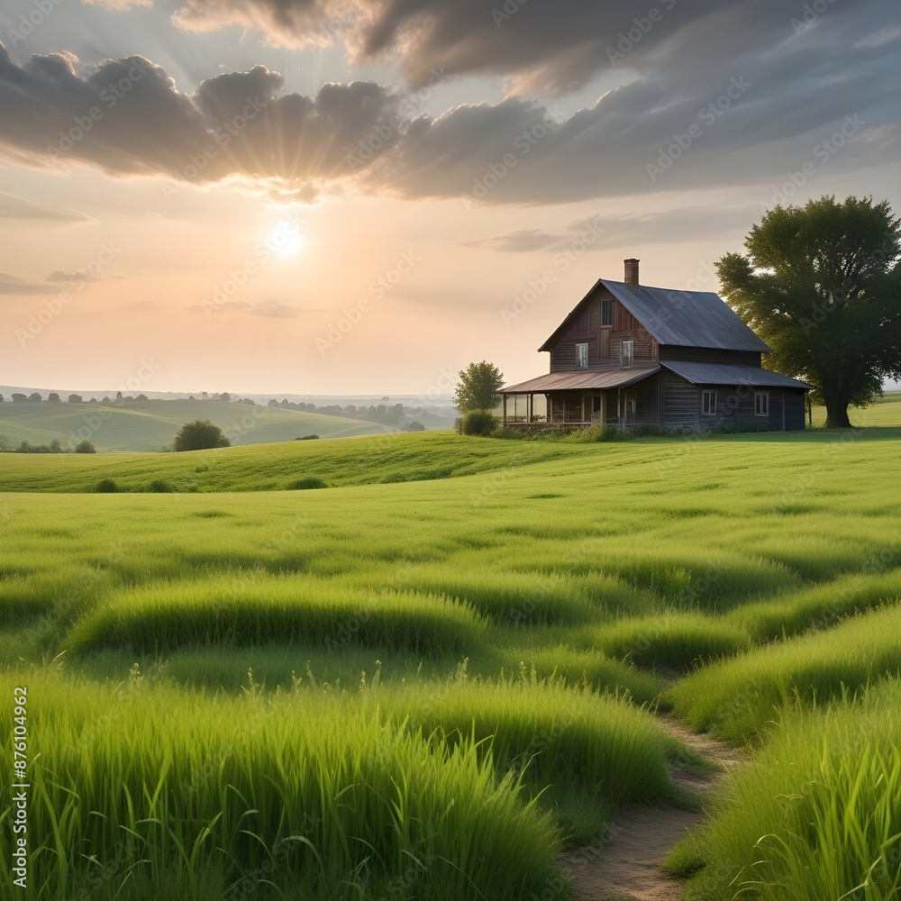 A serene countryside with green pastures and a distant farmhouse. A serene countryside with green pastures and a distant farmhouse.