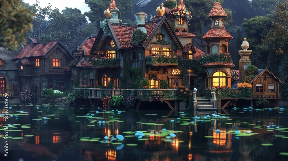 Obraz premium A cozy cottage with a red roof and glowing windows sits on a wooden dock over a calm lake surrounded by lush greenery at dusk