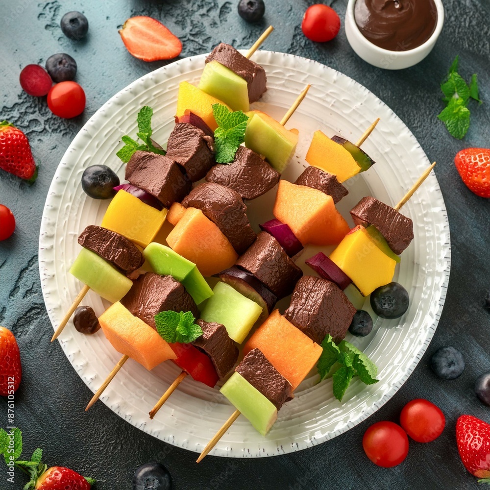 Grilled beef shishkabob with mix of veggies and fruits for colorful and healthy meal with chocolate, generative ai Grilled beef shishkabob with mix of veggies and fruits for colorful and healthy meal with chocolate, generative ai