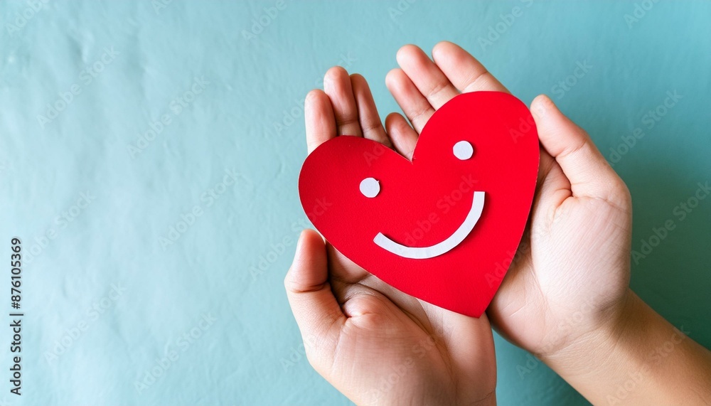 Fototapeta premium hands holding smile paper red heart, health care, donate and family insurance concept, world heart day, world health day, CSR responsibility, Valentine's day