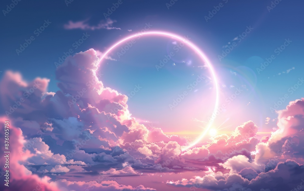 Dreamy surreal sunset sky with fluffy pink clouds and glowing celestial ring. Tranquil and ethereal scene with vibrant colors. Dreamy surreal sunset sky with fluffy pink clouds and glowing celestial ring. Tranquil and ethereal scene with vibrant colors.