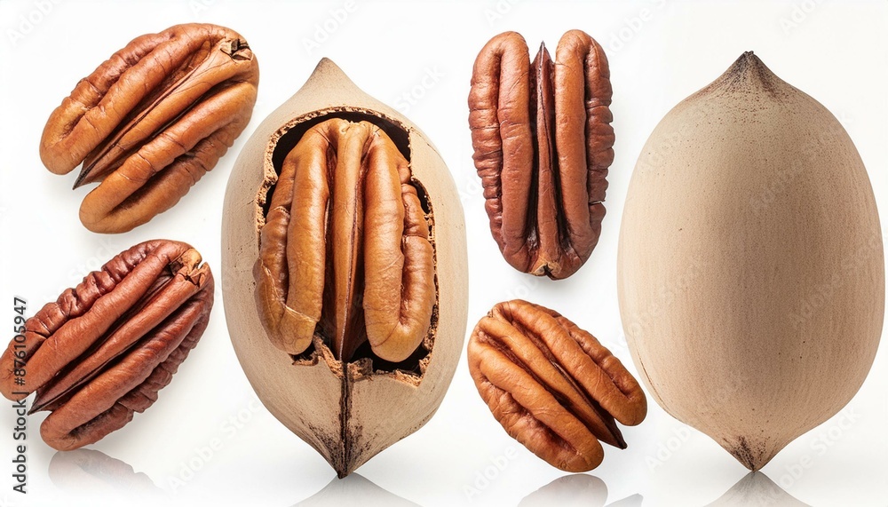 Many pecan nuts with shell isolated on white, set Many pecan nuts with shell isolated on white, set