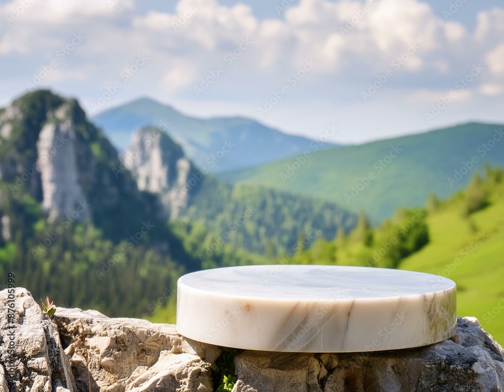 Marble podium for natural products in mountains nature. A stage for cosmetics product presentation in natural green environment, copy space