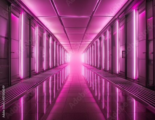 Neon corridor with bright pink lights, reflective floor, and misty atmosphere, creating a futuristic and cyberpunk ambiance. 