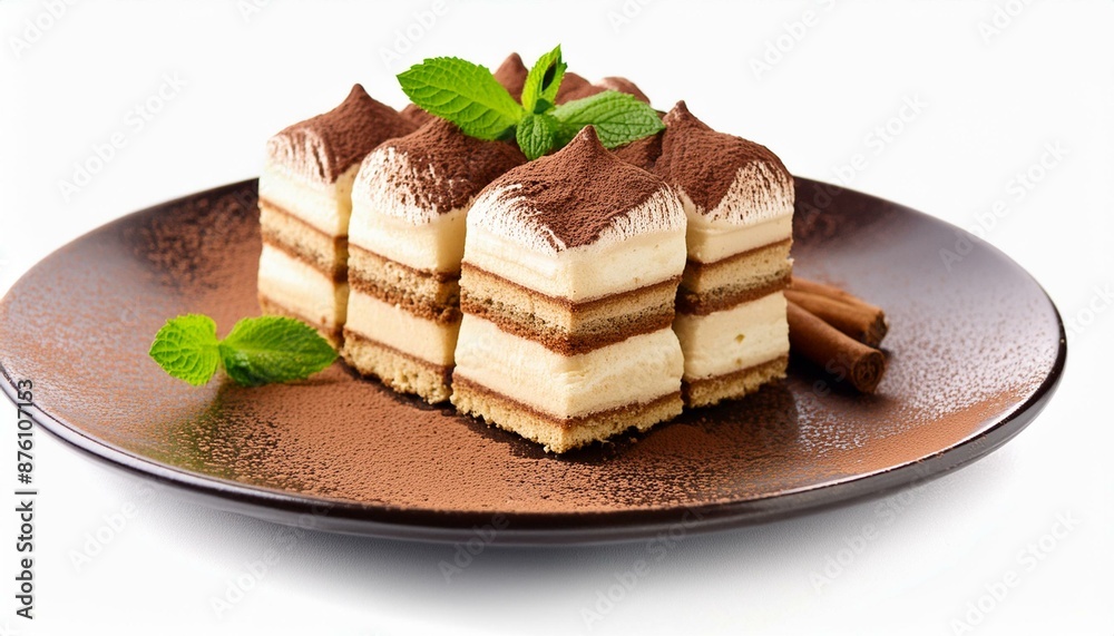 Plate of tiramisu cake isolated on white 