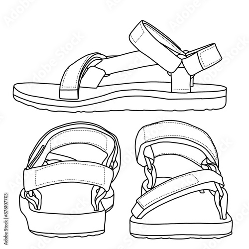 Women's Original Sandal Sports and Outdoor Lifestyle Sandal Line art, Technical sketch hand drawing outline vector doodle illustration isolated on white background