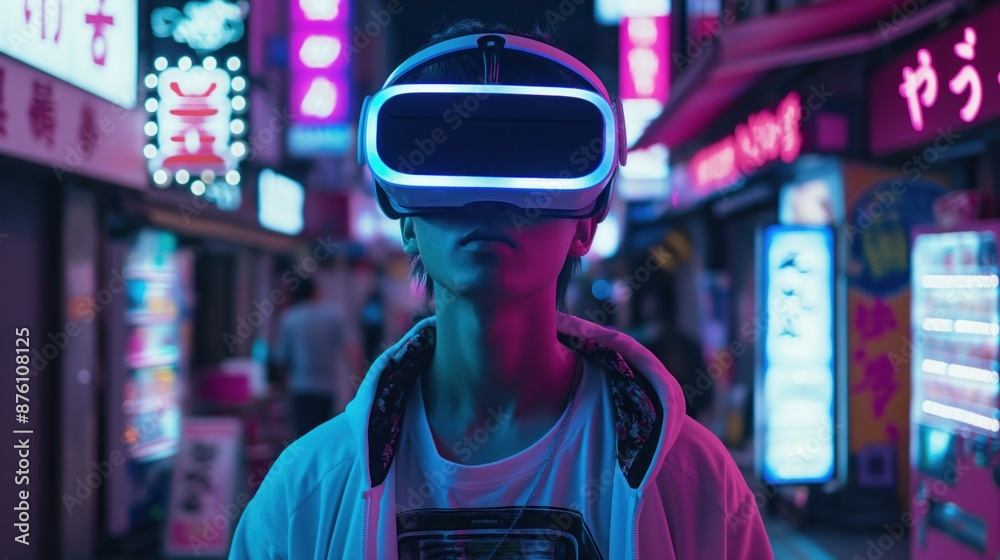 Obraz premium person with VR goggles lost in a virtual world, highlighting the detachment from reality due to virtual reality addiction