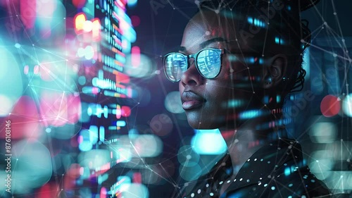 Beautiful black young woman close-up. IT specialist, artificial intelligence collage.  Working in a data center. Generate AI.
