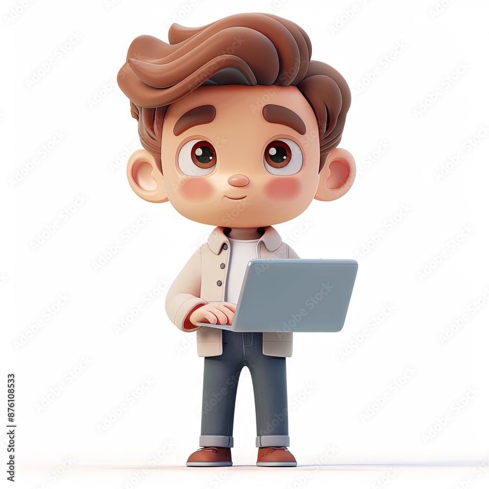 A 3D cartoon character of a young office boy with brown hair, wearing a beige vest, white shirt, and yellow tie. He is standing and holding a brown briefcase while smiling. A 3D cartoon character of a young office boy with brown hair, wearing a beige vest, white shirt, and yellow tie. He is standing and holding a brown briefcase while smiling.