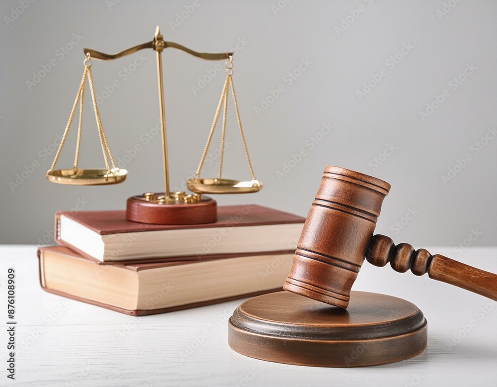 Wooden gavel with scales of justice and books on lawyer's table, space for text. Banner design Wooden gavel with scales of justice and books on lawyer's table, space for text. Banner design