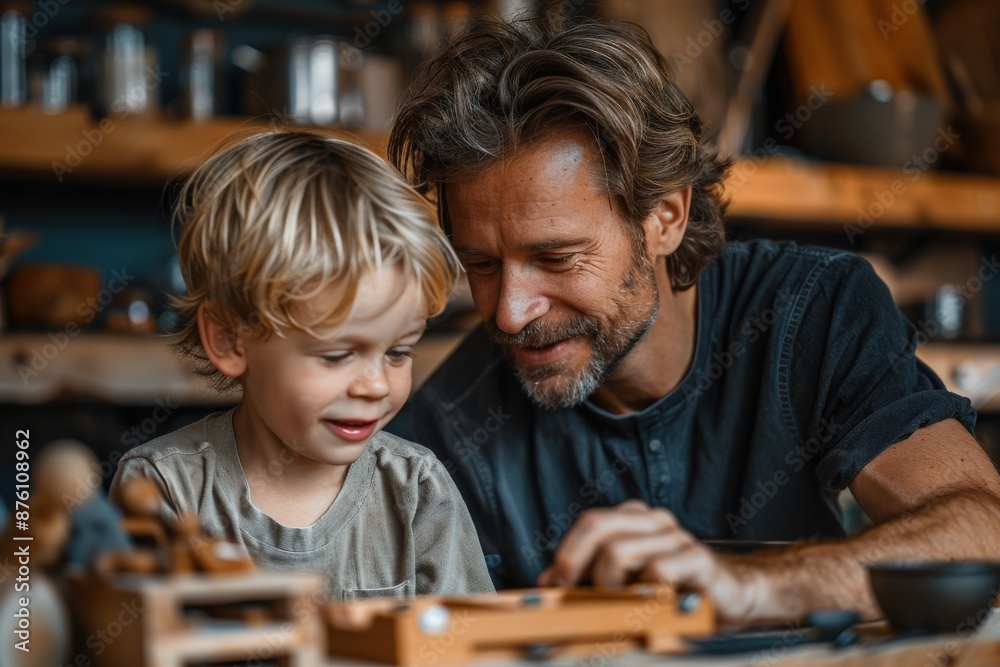 A father and his young child share a bonding moment, playing with wooden toys in a cozy and rustic home setting, radiating warmth, love, and family togetherness. A father and his young child share a bonding moment, playing with wooden toys in a cozy and rustic home setting, radiating warmth, love, and family togetherness.