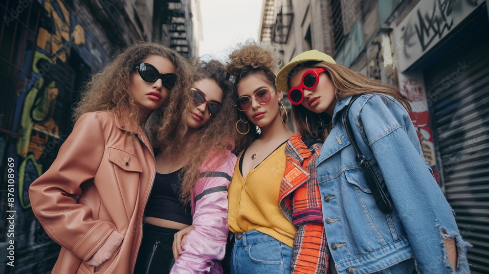Naklejka premium Four fashionable friends pose in an urban alleyway, showcasing their trendy street style. They wear sunglasses, denim jackets, and bright colors