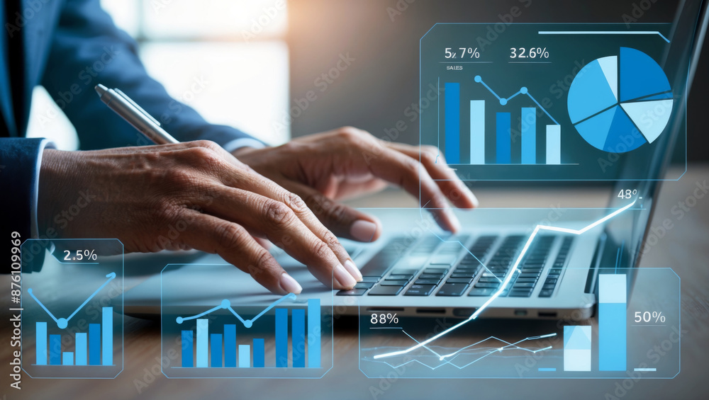 Businessman analyzing financial data on laptop with interactive charts and graphs. Business intelligence, data analytics, financial reporting, and corporate performance management concepts. Businessman analyzing financial data on laptop with interactive charts and graphs. Business intelligence, data analytics, financial reporting, and corporate performance management concepts.