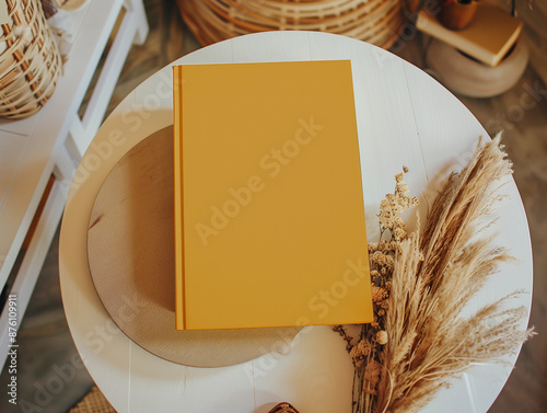 Simple yellow blank hardcover front cover book mockup template lux country style modern notebook diary empty plain author custom minimal planner boho design lifestyle bookshop craft writing branding