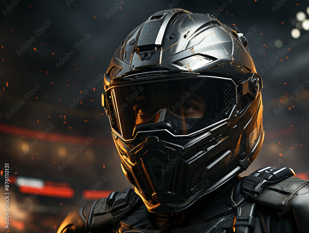 A futuristic racer wearing a streamlined helmet and protective armor stands confidently in front of a massive stadium. A futuristic racer wearing a streamlined helmet and protective armor stands confidently in front of a massive stadium.