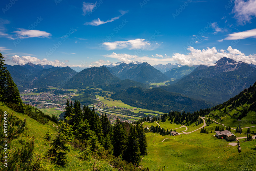 Fototapeta premium reutte, tyrol, mountains, alps, green, lake, landscape, nature, mountain view, alpine, clouds