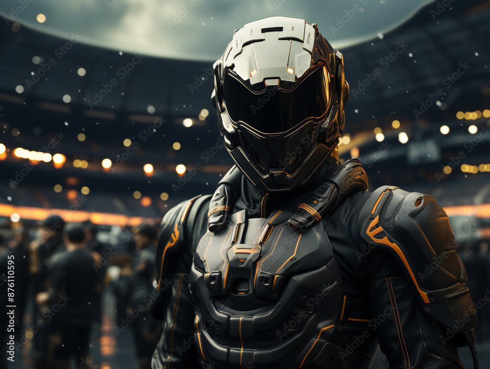 A futuristic racer wearing a streamlined helmet and protective armor stands confidently in front of a massive stadium.