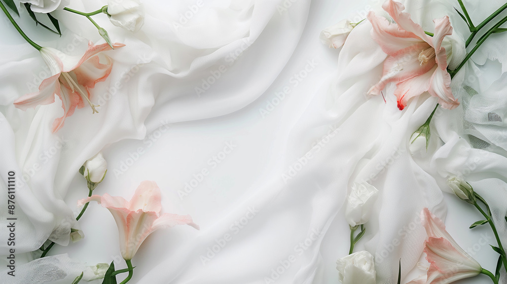 A white background with pink flowers and a white cloth A white background with pink flowers and a white cloth