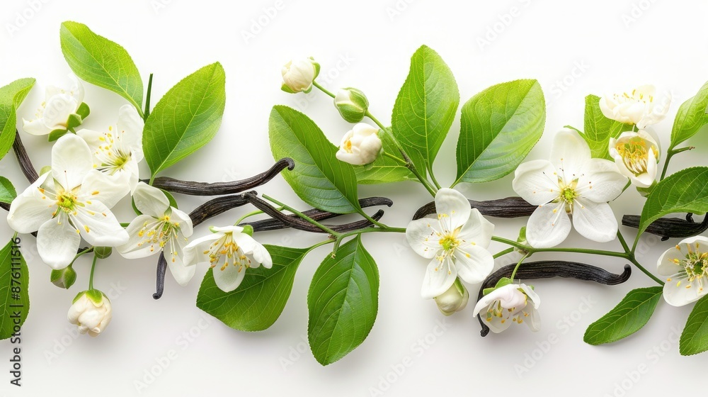 Fototapeta premium Elegant display of vanilla pods, green leaves, and blossoms on a white background