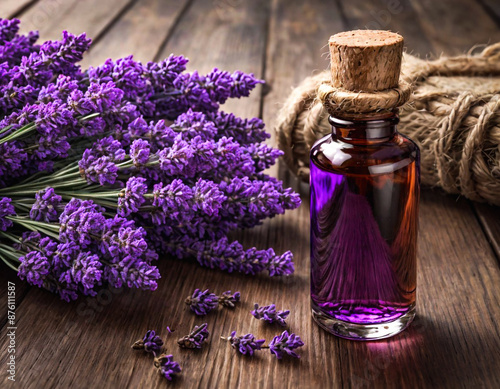 Close-up view of the essential oil bottle with purple lavender