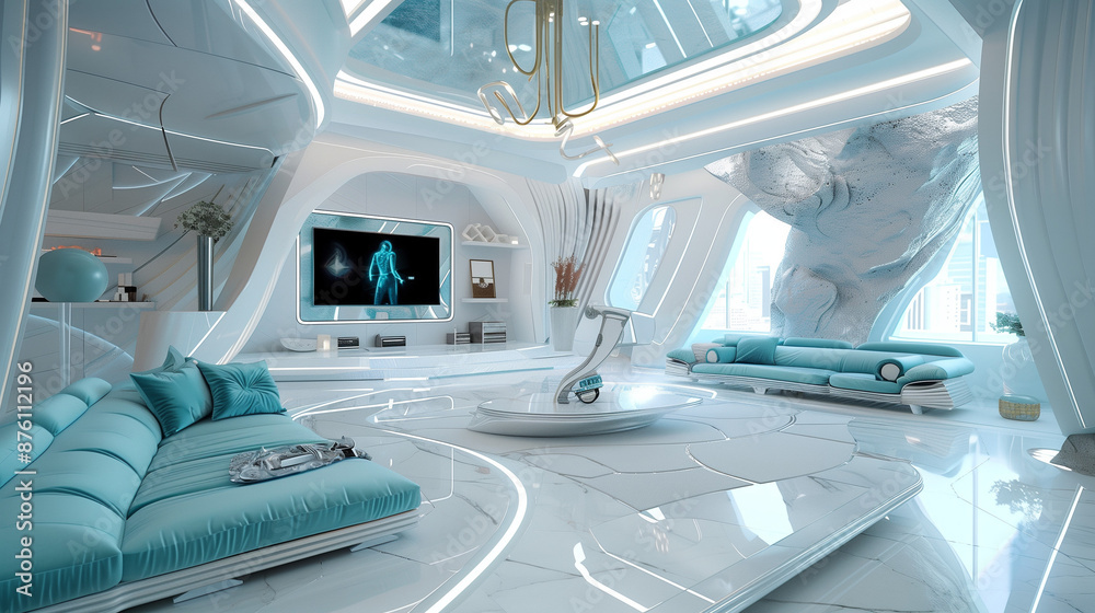 A sleek, futuristic living room with teal sofas, modern decor, and a large screen, flooded with natural light A sleek, futuristic living room with teal sofas, modern decor, and a large screen, flooded with natural light