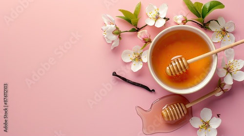 Fresh honey bowl with vanilla sticks and flowers on a lively colored background © chanidapa