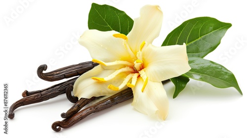 Fresh vanilla flower with pods and leaves isolated on a pure white background