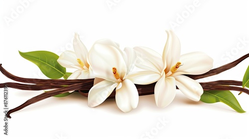 Fresh vanilla flower with pods and leaves on a clean white background
