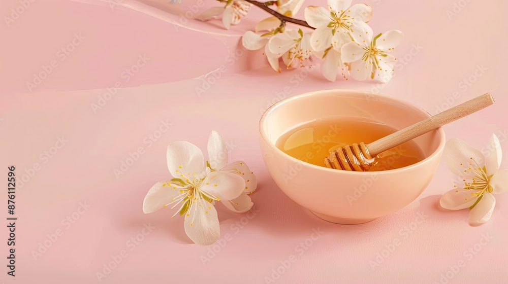 Honey bowl with vanilla sticks and flowers on a pastel color backdrop Honey bowl with vanilla sticks and flowers on a pastel color backdrop