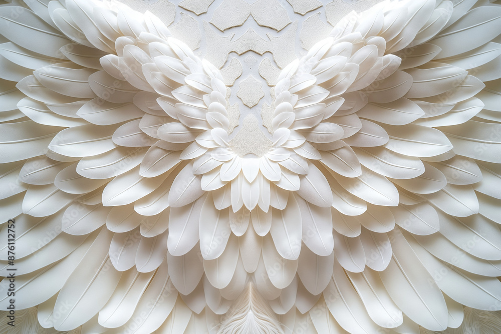The abstract and symmetrical presentation of white angel wings provides a distinct wallpaper and background, poised to be a best-seller The abstract and symmetrical presentation of white angel wings provides a distinct wallpaper and background, poised to be a best-seller