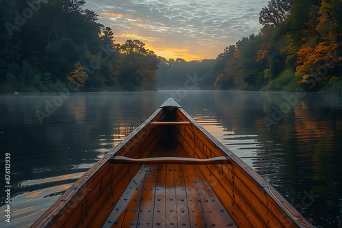 Serene Canoe Gliding on Tranquil Autumn Lake