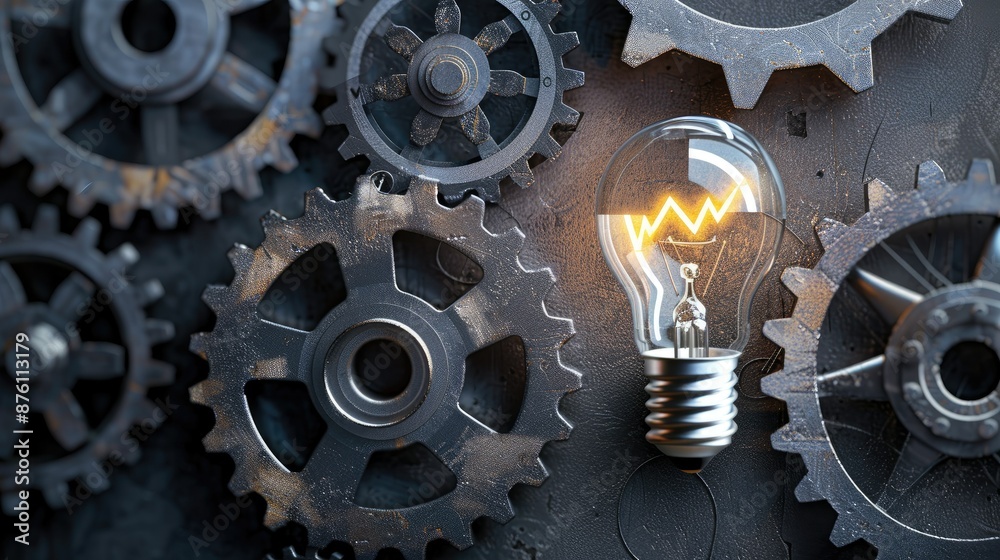 Idea light bulb and checkmark on cogwheels gears, creative innovation Idea light bulb and checkmark on cogwheels gears, creative innovation