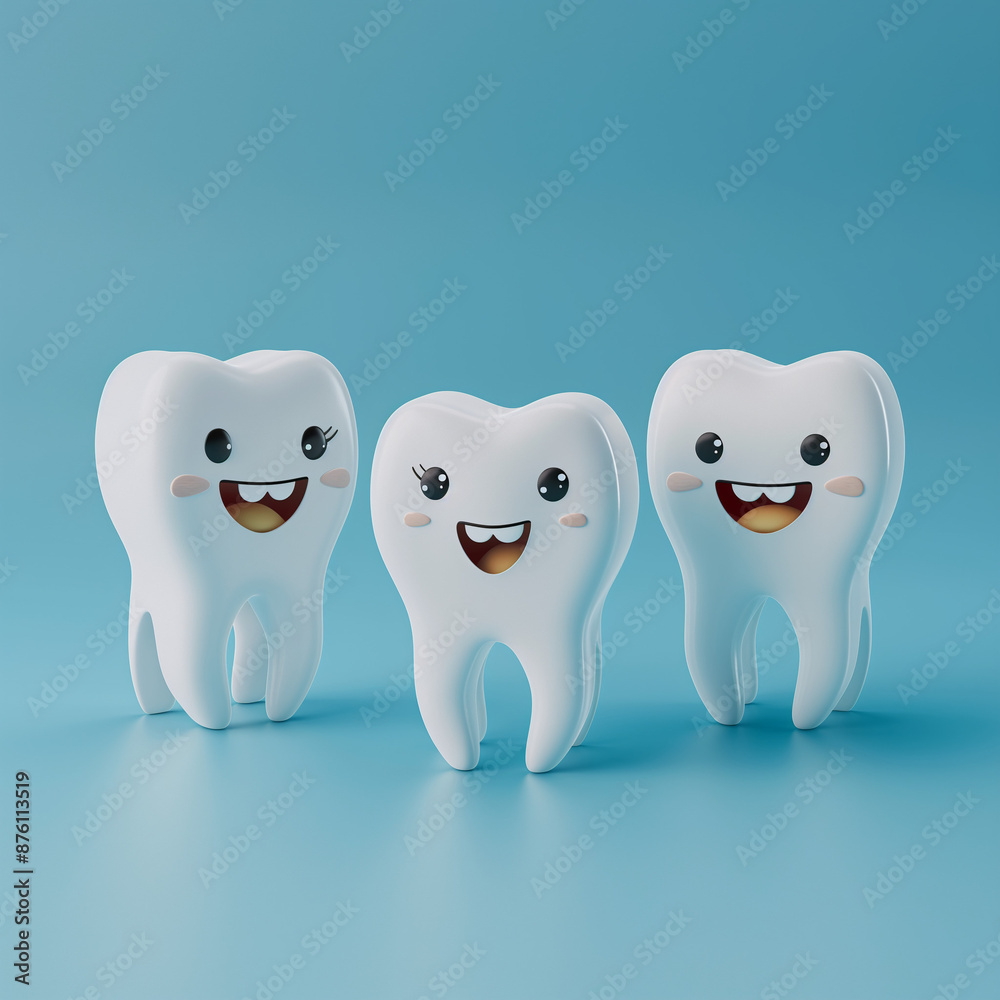 Three cute, happy tooth characters standing against a clean blue background, embodying dental care and hygiene, perfect for a best-selling wallpaper or abstract background Three cute, happy tooth characters standing against a clean blue background, embodying dental care and hygiene, perfect for a best-selling wallpaper or abstract background