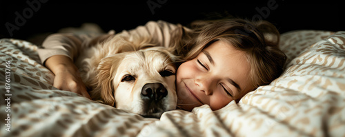 A girl sleeping with her golden retriever dog