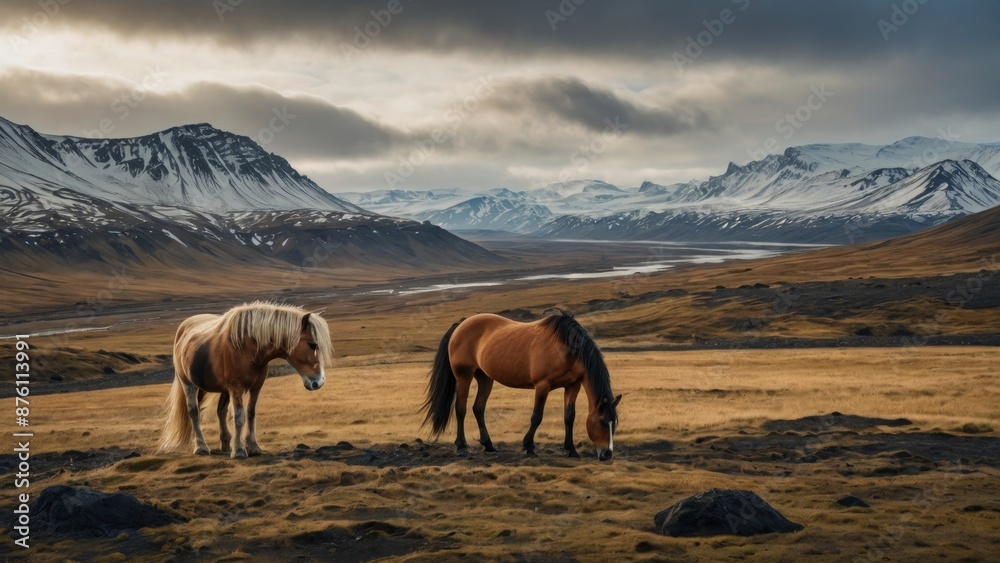 Horses in Majestic Mountain Landscape Horses in Majestic Mountain Landscape