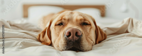 A tired dog is sleeping on the bed. The dog is a golden retriever. © Oranuch