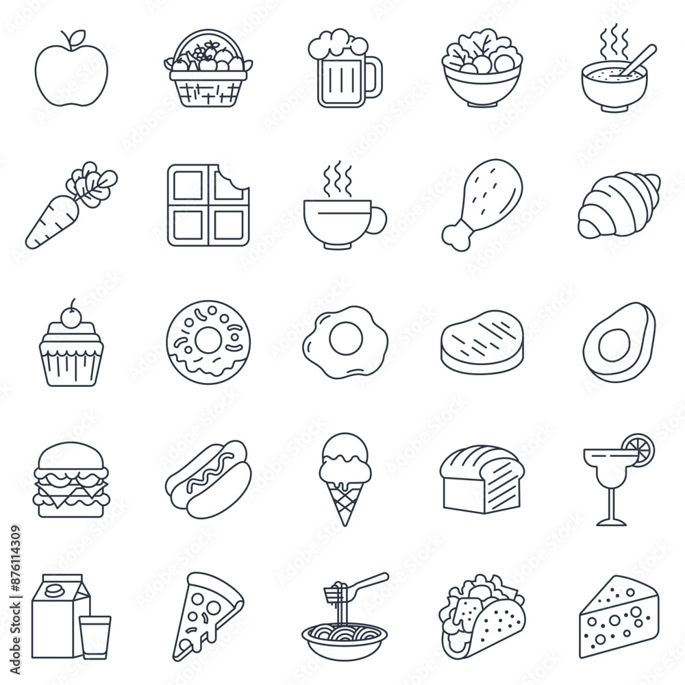 food and drink icons set, Included icons as Apple, croissant, hamburger, avocado and more symbols collection, logo isolated vector illustration food and drink icons set, Included icons as Apple, croissant, hamburger, avocado and more symbols collection, logo isolated vector illustration
