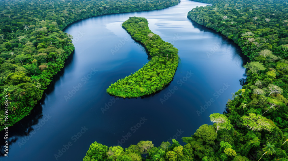 The photo shows a bend in a river in the middle of a lush green rainforest. The photo shows a bend in a river in the middle of a lush green rainforest.