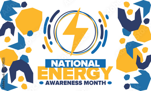 National Energy Awareness Month in October. Optimization and management of energy consumption. The introduction of advanced technology, encourage the use of renewable energy. Energy security. Vector