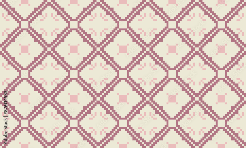 Seamless floral pixel pattern on white background. Traditional oriental ethnic geometric embroidery. Aztec style abstract background. Design for surface, fabric, clothing and wrapping.