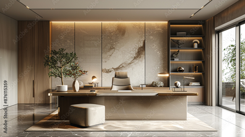 A serene home office with a large desk and minimalist decor, rendered in high-definition clarity.