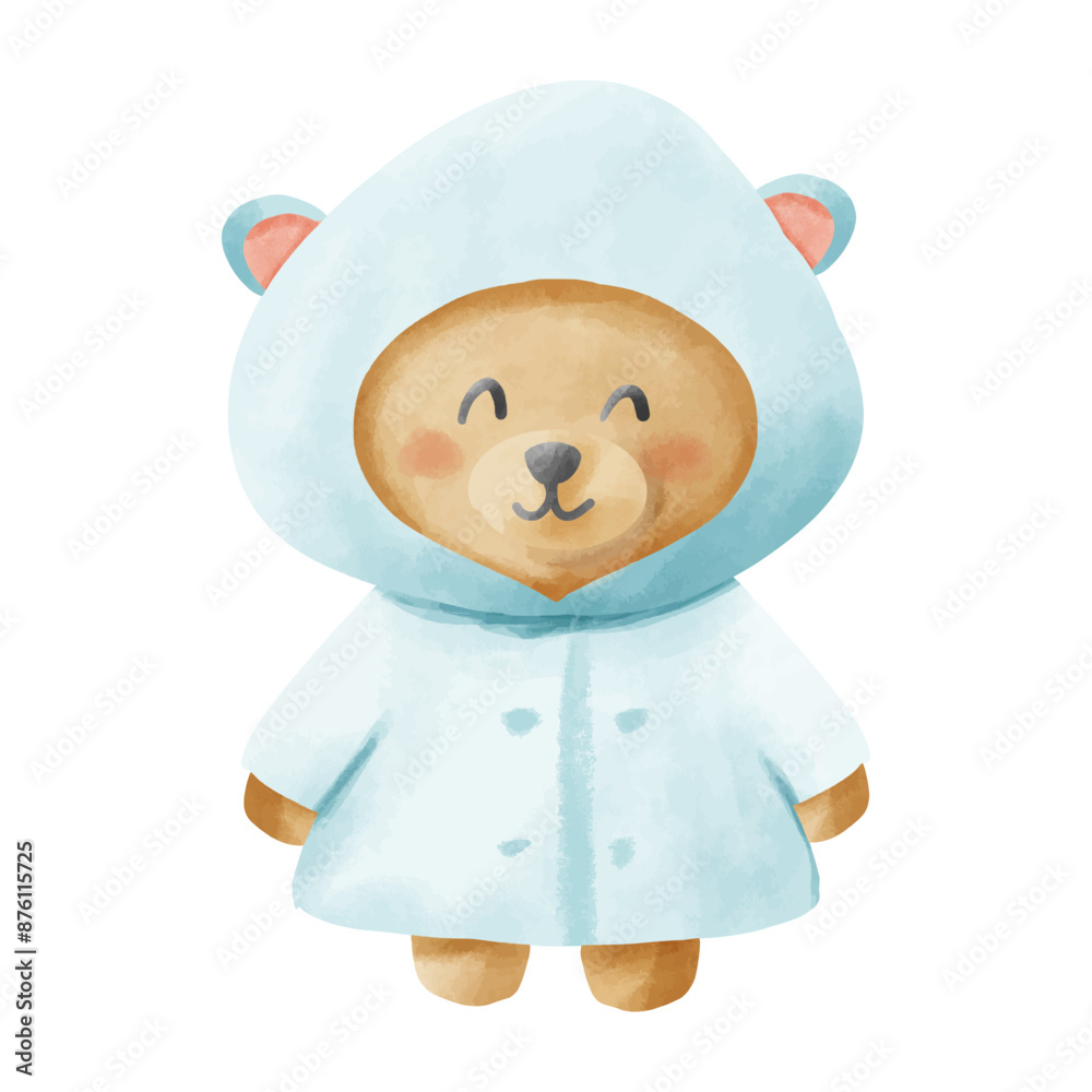 Cute cartoon bear in a blue raincoat on a white background Cute cartoon bear in a blue raincoat on a white background