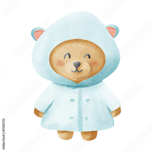 Cute cartoon bear in a blue raincoat on a white background