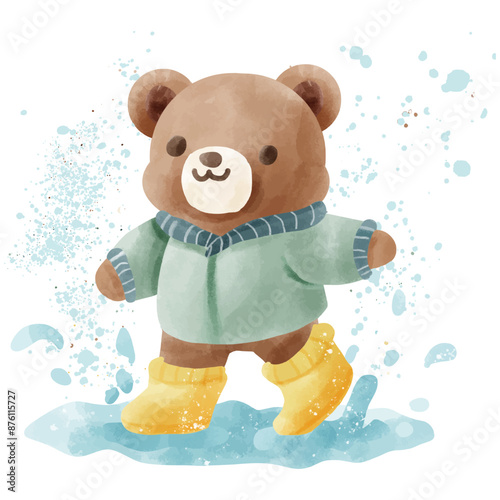 Watercolor illustration of a cute teddy bear splashing wet water with raincoat in rain. 