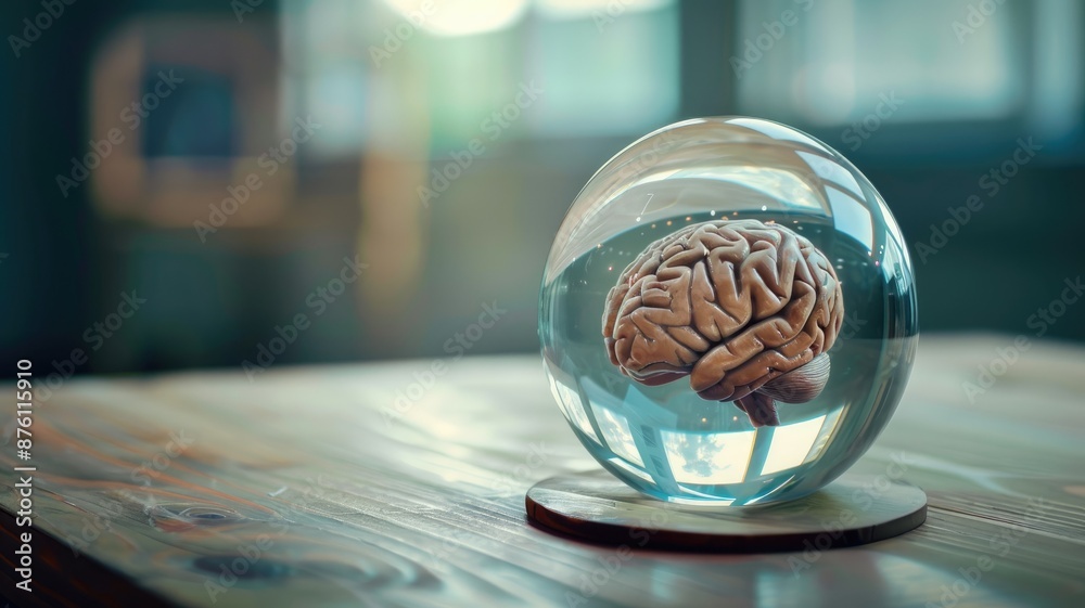 Brain preserved in clear glass sphere, displayed on wooden table soft lighting Brain preserved in clear glass sphere, displayed on wooden table soft lighting