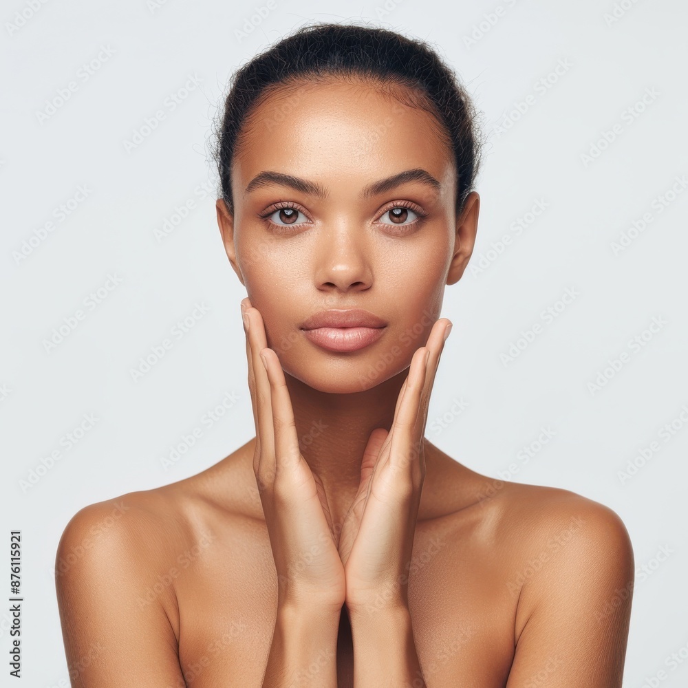 A Black woman in a half-body view, with visible arms, applying a soft blush to her cheeks A Black woman in a half-body view, with visible arms, applying a soft blush to her cheeks