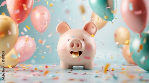 A 3D cartoon piggy bank with a wide smile, holding a gold coin in its mouth, surrounded by colorful balloons and confetti photo