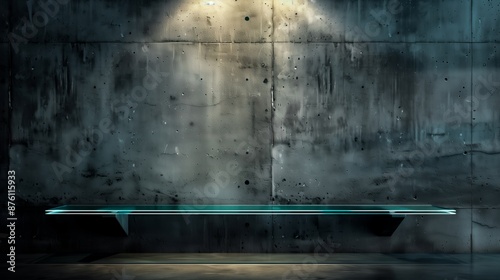 A glass shelf with a polished chrome finish is mounted against a bare concrete wall. photo