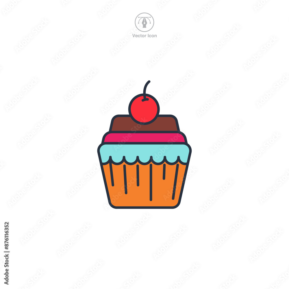 cupcake with frosting and a cherry on top Icon symbol vector illustration isolated on white background